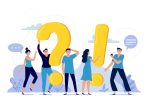 People ask frequently asked questions. FAQ, person asking question, mens and womens questions and answers vector illustration. Internet experience sharing platform concept. Online forum users